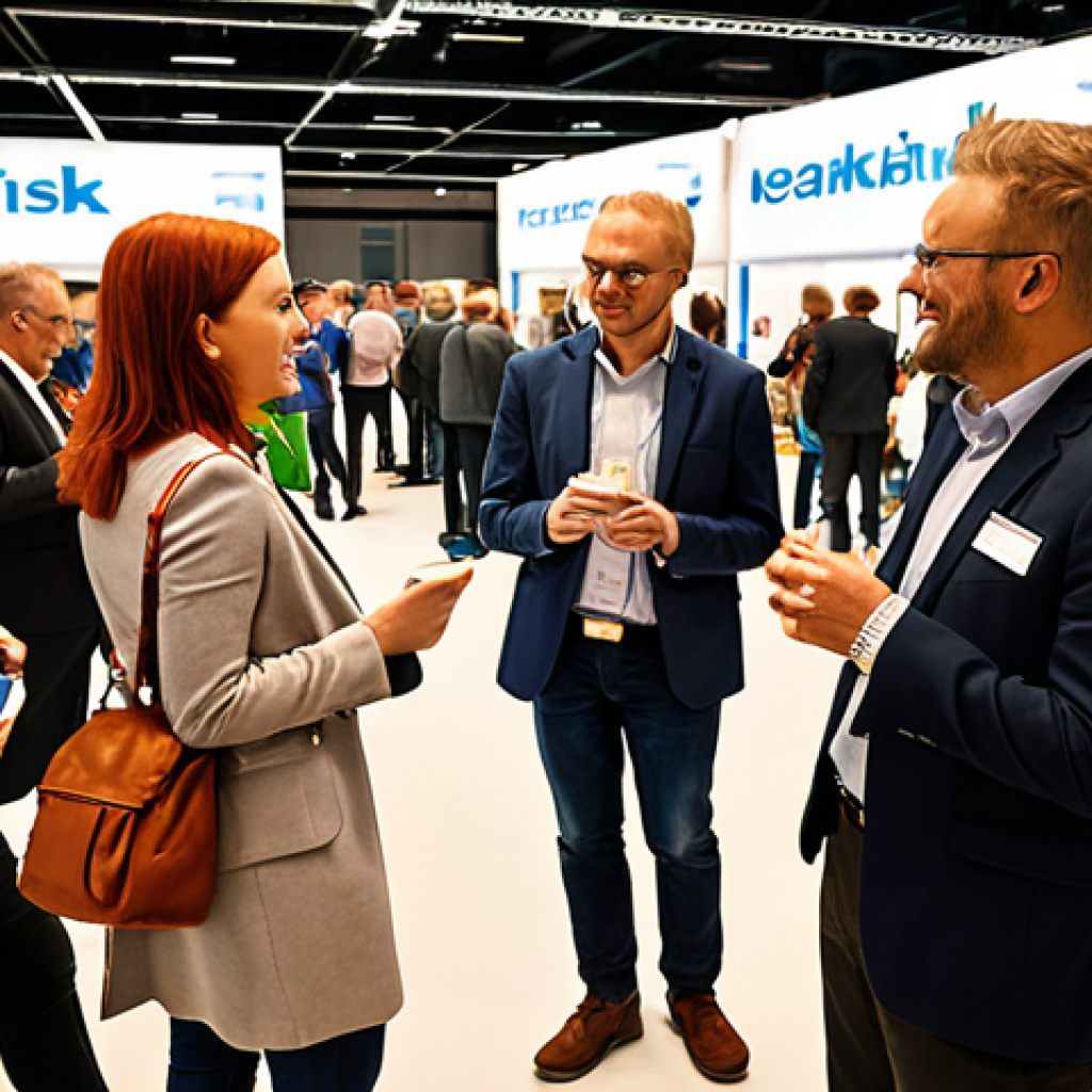 ** A diverse group of people networking at a "Mekanisk Bearbetning" industry conference in Gothenburg, Sweden. Focus on individuals exchanging business cards and engaging in conversation, with visible company banners and equipment displays in the background. The overall atmosphere should be professional and energetic.

**