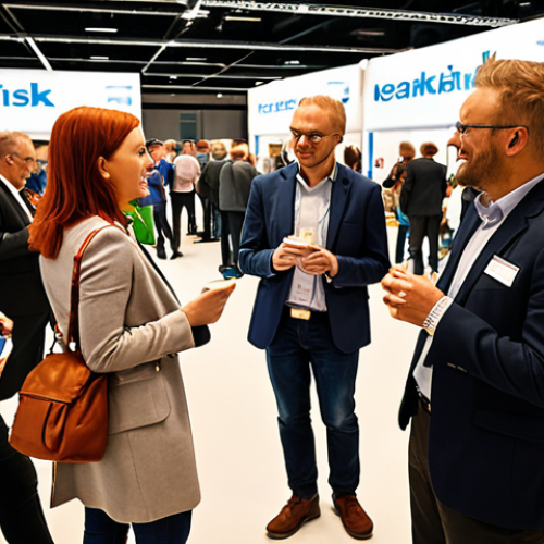 Home 14 ** A diverse group of people networking at a "Mekanisk Bearbetning" industry conference in Gothenburg, Sweden. Focus on individuals exchanging business cards and engaging in conversation, with visible company banners and equipment displays in the background. The overall atmosphere should be professional and energetic.
**