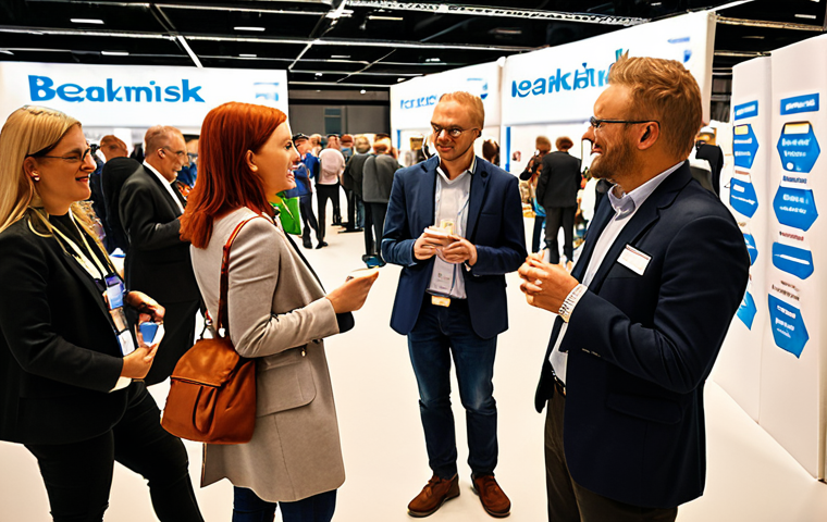 ** A diverse group of people networking at a "Mekanisk Bearbetning" industry conference in Gothenburg, Sweden. Focus on individuals exchanging business cards and engaging in conversation, with visible company banners and equipment displays in the background. The overall atmosphere should be professional and energetic.

**