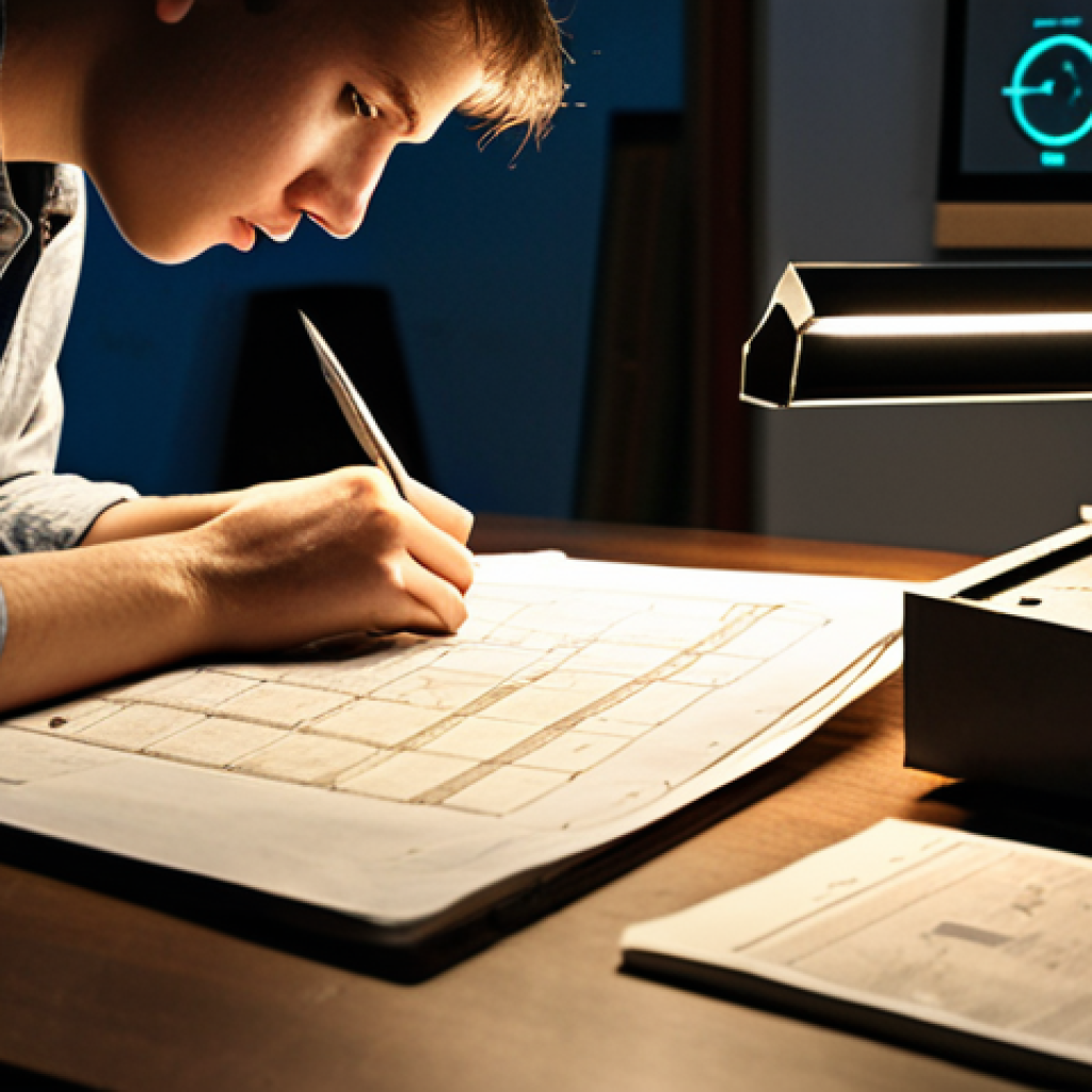 Close-up of a focused individual (gender-neutral, young adult) studying intensely late at night, surrounded by an organized chaos of technical blueprints, opened textbooks, and multiple old machining exam papers. A subtle glow emanates from one specific old exam paper in their hands, symbolizing a moment of profound understanding and pattern recognition, transitioning from confusion to clarity. The background is a dimly lit study space, hinting at long hours but with a sense of insight emerging. Include subtle elements like a precision caliper, a micrometer, or schematic diagrams of gears on the desk. Atmospheric lighting, cinematic depth of field, realistic rendering.