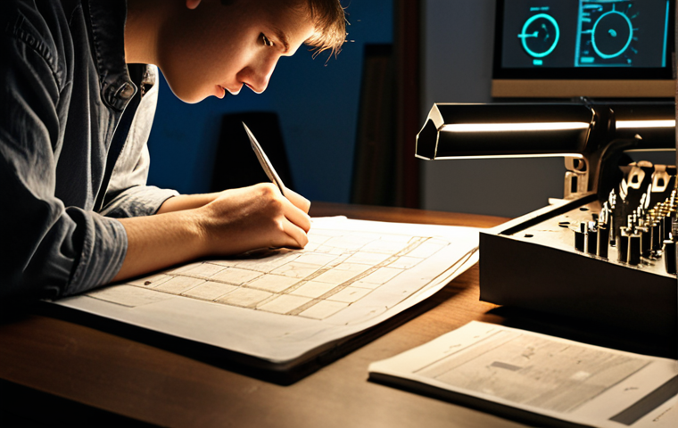 Close-up of a focused individual (gender-neutral, young adult) studying intensely late at night, surrounded by an organized chaos of technical blueprints, opened textbooks, and multiple old machining exam papers. A subtle glow emanates from one specific old exam paper in their hands, symbolizing a moment of profound understanding and pattern recognition, transitioning from confusion to clarity. The background is a dimly lit study space, hinting at long hours but with a sense of insight emerging. Include subtle elements like a precision caliper, a micrometer, or schematic diagrams of gears on the desk. Atmospheric lighting, cinematic depth of field, realistic rendering.